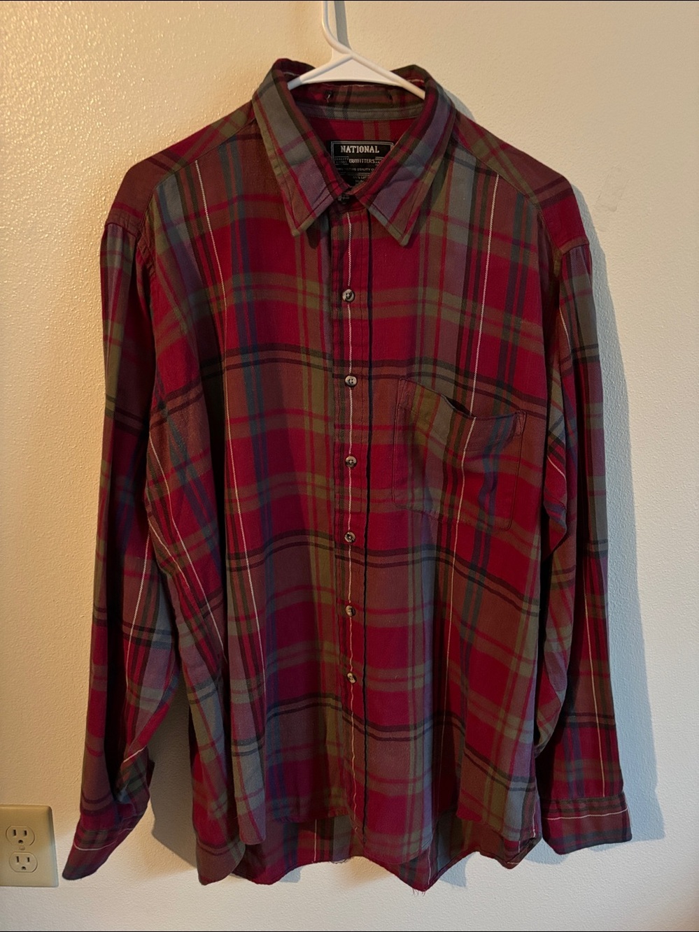 National Outfitters L Red Flannel Plaid Button Down Chest Pkt. LS Shirt